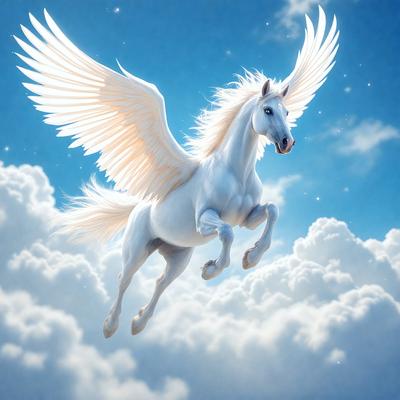 Primary subject: A white horse with wings flying through the sky.

Setting/background: The horse is flying through a cloudy blue sky.

Visual style: The image is a digital art or illustration of a white horse with wings.

Colors and mood: The dominant colors are white and blue, creating a serene and dreamy atmosphere.